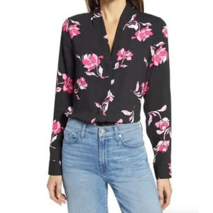 Halogen Floral Button Top NWT Women's Medium Morgana Black Pink Collared V Neck